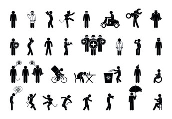 stick figure isolated silhouettes of people, collection of stickman in various poses and situations, man pictograms set, human body on a white background