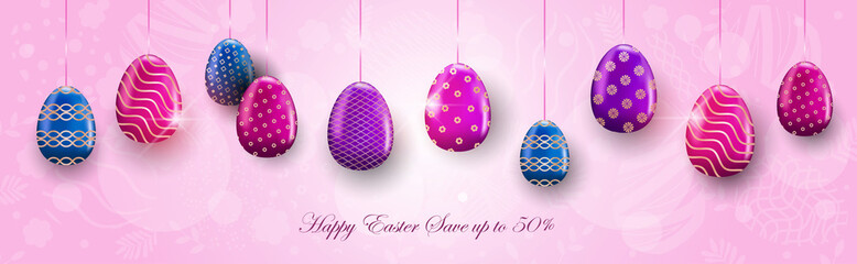 Wall Mural - happy easter holiday celebration banner flyer or greeting card with decorative eggs horizontal vector illustration