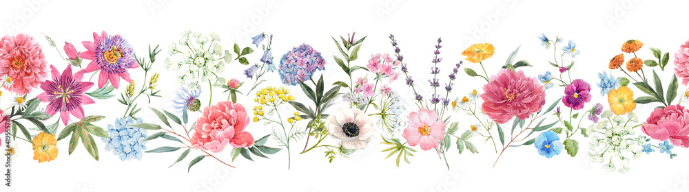 Beautiful horizontal seamless floral pattern with watercolor hand drawn gentle summer flowers. Stock illustration. Natural artwork. - obrazy, fototapety, plakaty 