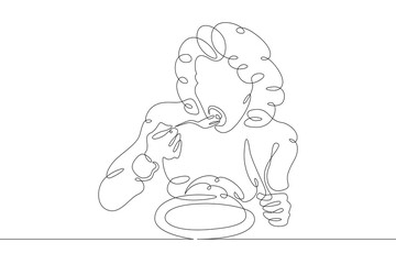 A woman eats a dish with a fork and knife. The girl is eating food. Woman eating. Portrait of the character of the food. One continuous drawing line  logo single hand drawn art doodle isolated minimal