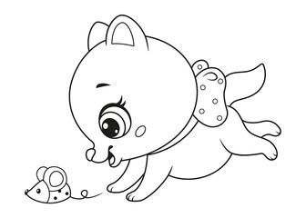 Wall Mural - Little cat playing with toy mouse coloring page for kids. Black and white outline illustration