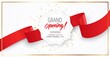 Grand opening card design with red ribbon and colorful confetti