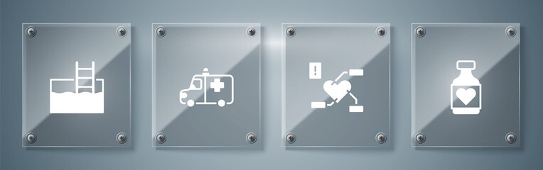 Sticker - Set Vitamin pill, Attention to health heart, Ambulance and emergency car and Swimming pool with ladder. Square glass panels. Vector.