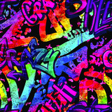 Fototapeta Młodzieżowe - Abstract bright graffiti and monsters pattern. With bricks, paint drips, words in graffiti style. Graphic urban design for textiles, sportswear, prints.
