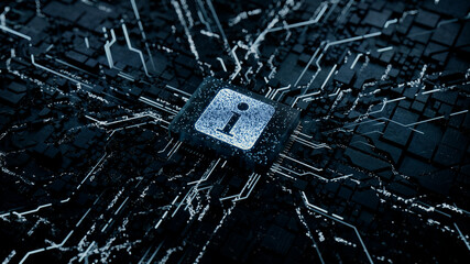 Information Technology Concept with info symbol on a Microchip. Data flows from the CPU across a Futuristic Motherboard. 3D render.