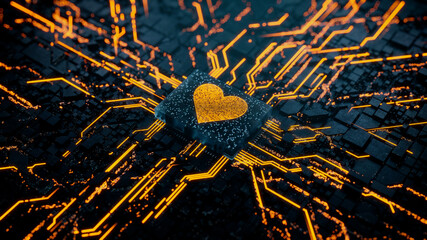 Love Technology Concept with heart symbol on a Microchip. Data flows from the CPU across a Futuristic Motherboard. 3D render.