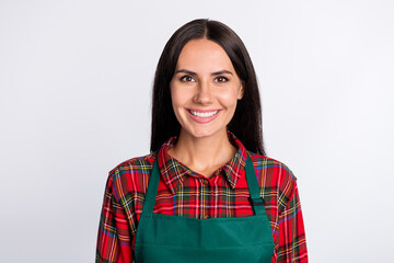 Poster - Photo o happy cheerful young woman waitress occupation wear plaid shirt isolated on grey color background