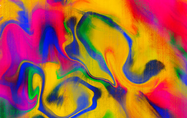 Poster - Abstract wavy vibrant facture. Splashed liquid paints. Psychedelic trippy effect. Distortion. Creative graphic design. Colorful artistic illustration. Digital art. Wallpapers for desktop.