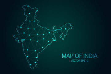 Map of India - With glowing point and lines scales on the dark gradient background, 3D mesh polygonal network connections.Vector illustration eps 10.