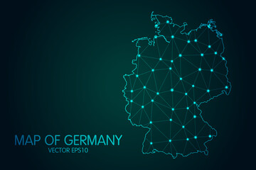 Map of Germany - With glowing point and lines scales on the dark gradient background, 3D mesh polygonal network connections.Vector illustration eps 10.
