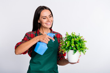 Sticker - Photo of happy cheerful young woman look water plant occupation garden isolated on grey color background