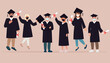 © Ольга Гладій - Group of happy young people, graduates in robes and protective masks in connection with the covid-19 pandemic. Social distancing during coronavirus. Vector illustration in flat style