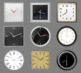 Realistic wall clocks. Round and square clocks face, 3d classic silver, gold wall clocks, analog time watch. Modern wall watches vector illustration set. Dial in frames and borders