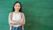 © paulaphoto - Portrait of smiling confident asian business woman in jeans suit office. Asian business girl. Startup successful power business leader executive people, teacher looking camera with copy space