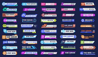 Tv news bars. Breaking news broadcasting third part banners, headline information media screen frames. Television broadcast bar vector illustration set. Sport or fake news for channel or program