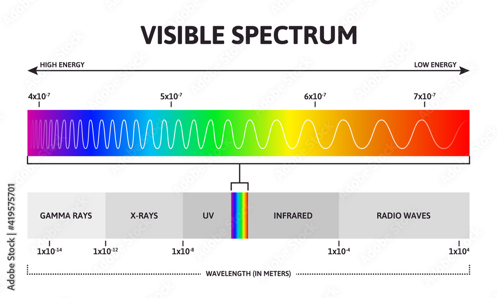 Visible color spectrum. Sunlight wavelength and increasing frequency vector infographic illustration. Visible spectrum color range. Rainbow electromagnetic waves. Educational physics line - obrazy, fototapety, plakaty 