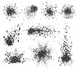 Abstract shattered elements. Explosion broken shapes, sharp edges bursts, triangular pieces texture. Geometric shapes burst vector illustration set. Black wrecked form with small particles