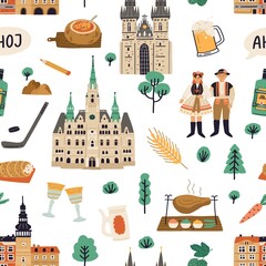Aufkleber - Seamless pattern with national symbols of Czech Republic. Endless repeatable background with Prague buildings, architecture and food. Colored flat vector illustration of texture for printing.