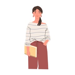 Poster - Modern college or university student with book in hands isolated on white background. Portrait of happy woman with school journal. Flat vector illustration of young teacher isolated on white