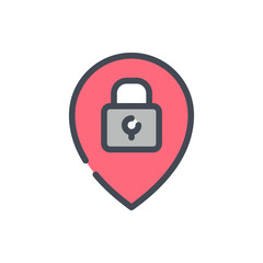 Poster - Safe place and closed establishment color line icon. Location pointer with lock vector outline colorful sign.