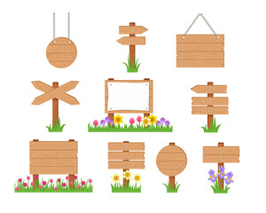 Vector wooden sign board and pointer in green grass and bright spring flowers set.  Cartoon old wood sign post, banners hanging on chains and arrow isolated on white. Simple flat illustration.