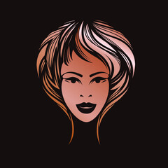 Wall Mural - Hair salon, beauty studio logo.Afro, wavy hairstyle woman.Elegant makeup.Front view portrait.Hairdresser icon.Luxury, spa style.Young lady face isolated on dark background.Modern haircut.