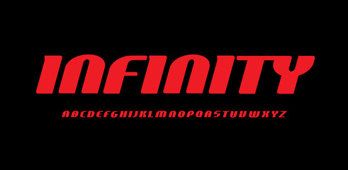 Wall Mural - Red futuristic letter on black background. Infinity space style font, condensed italic type for sport logo, tech headline, film and music poster. Rounded bauhaus typography. Vector typographic design