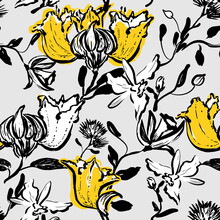 Bold Seamless Vector Floral Hand Drawn Pattern, Yellow Tropical Flowers Of Tulip Tree And Orchids On Grey Background.