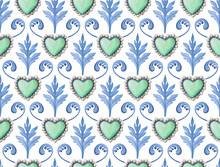 Elegant Rococo Seamless Pattern. Green Hearts And Blue Hand-drawn Damask Elements On A White Background. Fashionable Fabric Print In Vintage Style