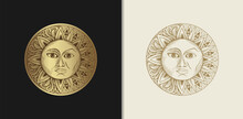 Sun And Moon Which Has Two Faces With Engraving, Luxury Style For Tarot Reader, Card, Tattoo And Poster