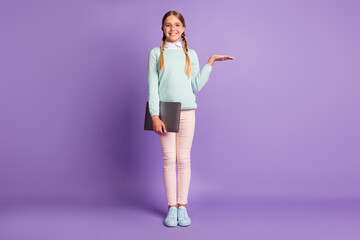 Sticker - Full length photo portrait of girl holding blank space in hand with laptop isolated on vivid purple colored background