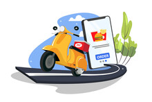 Online Order And Delivery By Scooter Concept With Brown Cardboard Boxes And Map Locator Alongside An Online Shopping Website On A Mobile Phone Superimposed Over A Delivery Scooter, Vector Illustration