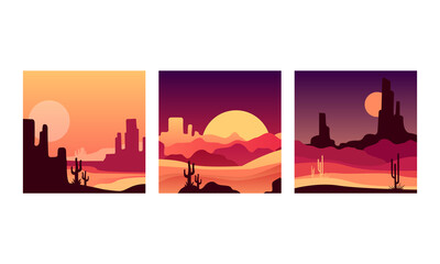 Sticker - Desert Landscape at Sunset Set, Beautiful Nature Scenery Background with Cactus and Mountains Silhouettes Vector Illustration