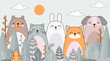 Drawing with animals. Wallpaper for the children's room. Photo wallpapers. Children's greeting card. Fabulous forest.
