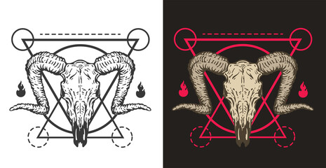 Hand drawn monochrome and color goat skull with sacred geometric elements isolated on simple background. Realistic design art composition for print, tattoo. Retro vintage vector illustration.