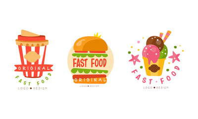 Sticker - Fast Food Logo Design Set, Takeaway Coffee, Burger, Ice Cream Cartoon Vector Illustration