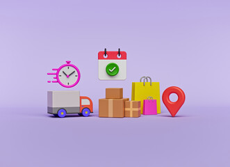 Poster - Online shopping and fast delivery service concept with truck, package, bags, location pin. minimal banner for advertising. 3d rendering