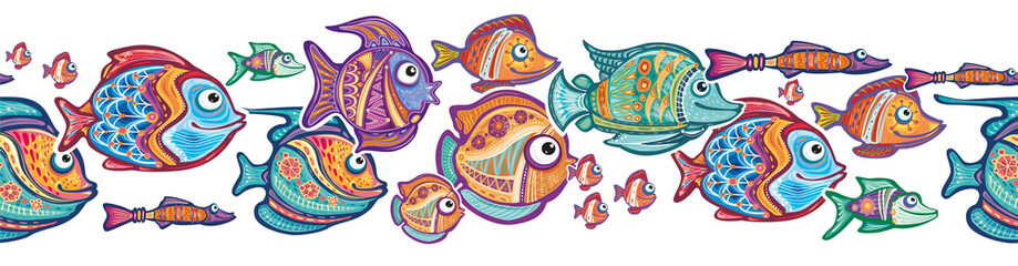 Seamless border with decorative fishes in funny style