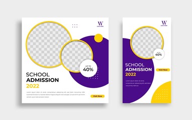 Wall Mural - School admission Editable minimal square banner template. Yellow purple White background color with geometric shapes for social media post, story and web internet ads. Vector illustration