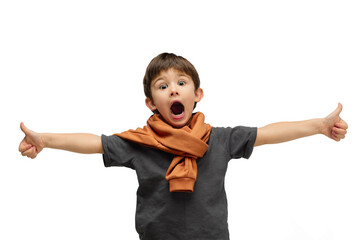 Thumbs up. Happy, smiley little caucasian boy isolated on white studio background with copyspace for ad. Looks happy, cheerful. Childhood, education, human emotions, facial expression concept.