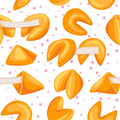 pattern. Chinese fortune cookies. Vector food set. Sweet pastries. Drawn cookie in cartoon style with blank note inside