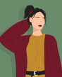 © Frame Studio - Portrait of a young beautiful girl with short wavy ponytail hairstyle and red lips wearing oversized cardigan, isolated flat illustration