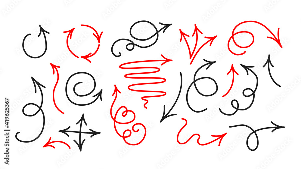 Arrow icon collection in doodle cartoon style. Hand drawn vector ...