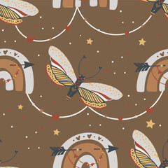 Wall Mural - butterfly boho insect seamless ethnic pattern. decorative magic fashion textile design. fabric vecto