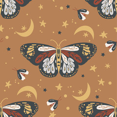 Wall Mural - butterfly boho insect seamless ethnic pattern. decorative magic fashion textile design. fabric vecto