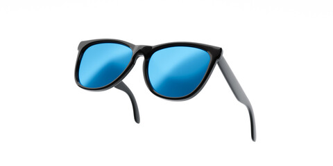 Black fashion sunglasses and blue lens optic isolated on white background with modern accessory design. 3D rendering.