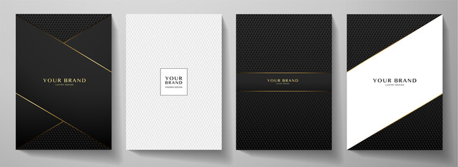 Wall Mural - Modern black cover design set. Creative abstract with diagonal line, carbon pattern (triangle texture) on background. Premium vector collection for catalog, brochure template, magazine layout, booklet