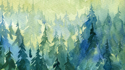 Fir forest landscape, watercolor illustration painting background