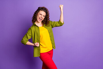 Poster - Photo of ecstatic crazy girl celebrate lottery win raise fists scream yeah wear good look clothes isolated over violet color background