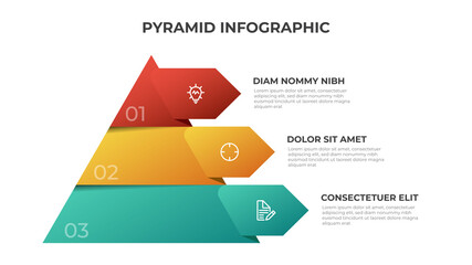 Pyramid infographic template vector with 3 list, options, levels diagram. Layout element for presentation, banner, brochure, etc.